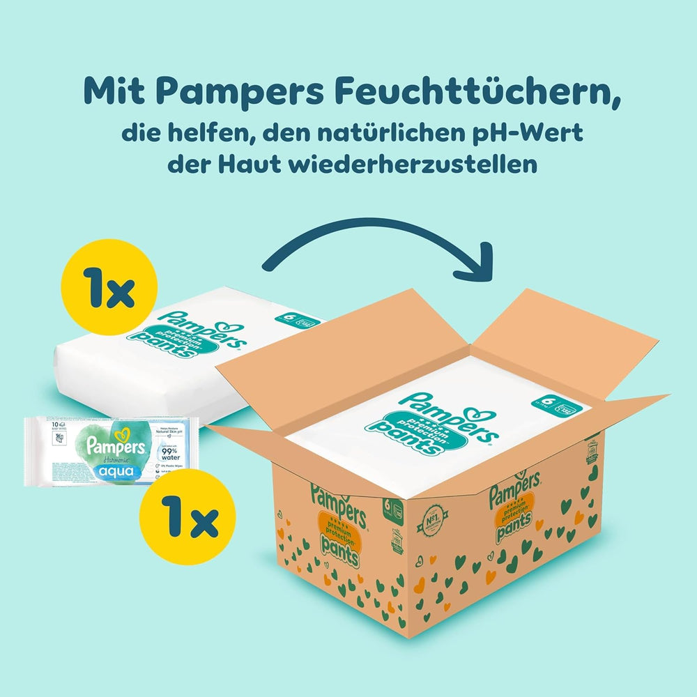 Pampers Premium Protection Pants Größe 6, 78 Windeln, 13kg-19kg, Mit 360° Fitform, 2x breiteren Bundchen as vorher for Komfort & Schutz + 10 Stück Pampers Aqua Baby-Weuchttücher enthalten