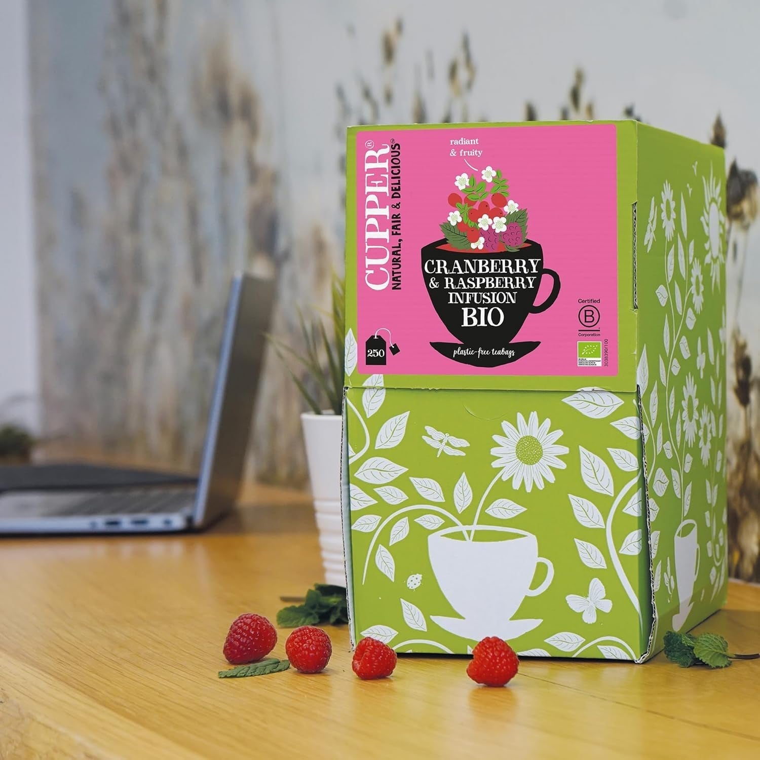Cupper Ceai de fructe bio Cranberry Rasperry | Ceai cu zmeură | 250 pliculețe de ceai nealbite | Pachet mare | Perfect pentru birou | Ecologic | Comerț echitabil