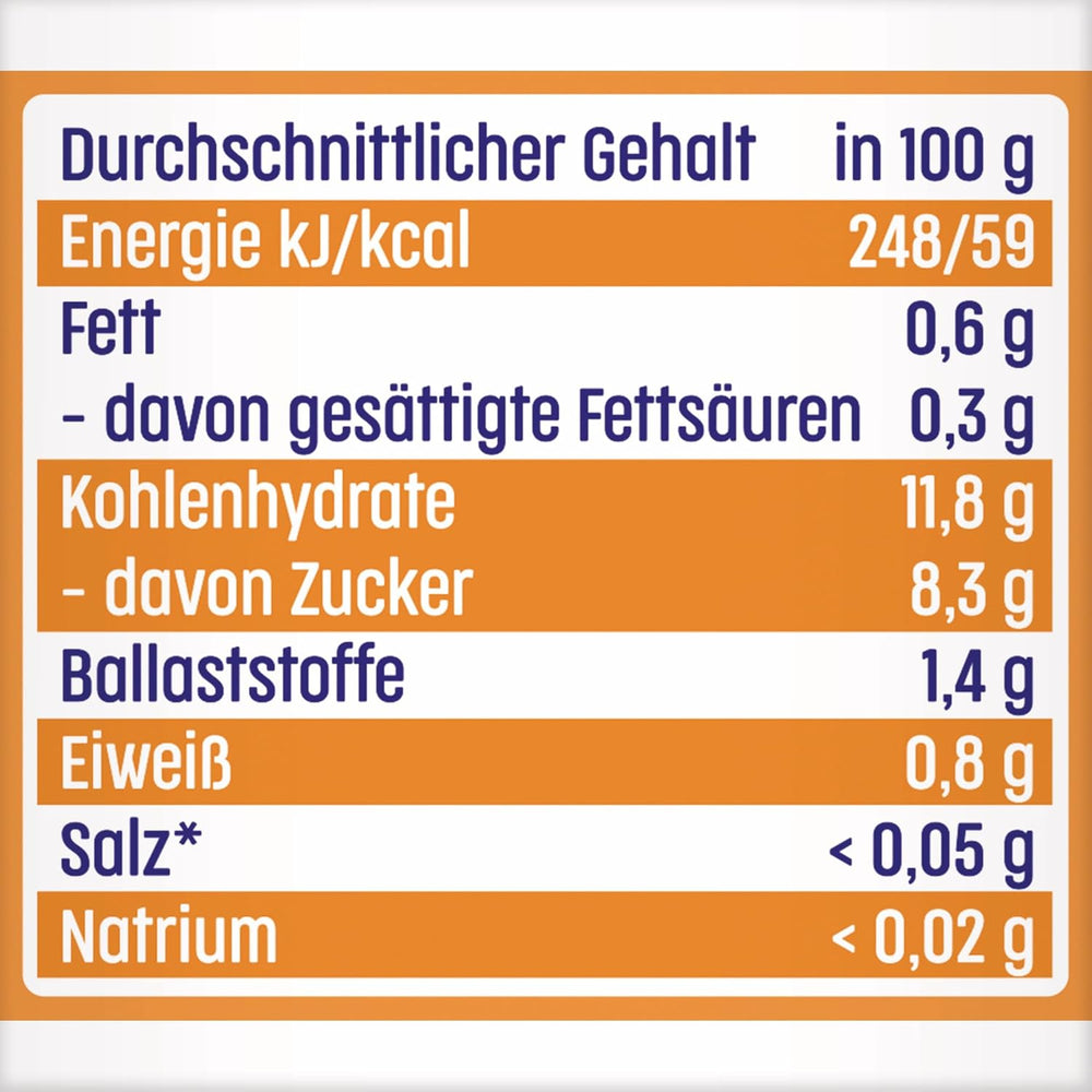 Mango i æble- og ferskensovs med en pose kiks (6 x 120 g), uden tilsat sukker, lavet af milde frugter og værdifulde kornprodukter, ideel til snacks og på farten.