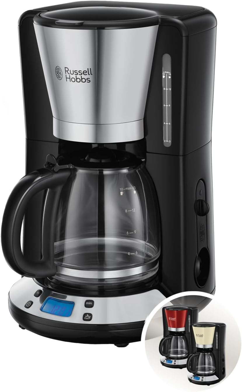 Cafetieră Russell Hobbs [Temporizator digital, Cap de duș pentru extracție și aromă optime] Colours+ Creme (1 până la 10 cești, carafă de sticlă de 1,25 l, placă de încălzire, 1100 W) Cafetieră cu filtru 24033-56