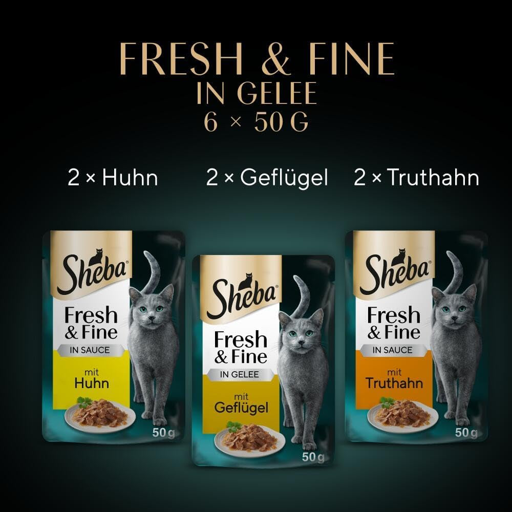 Sheba Portion Pouches Hrană umedă pentru pisici, pachet multiplu Fresh & Fine în jeleu cu curcan și pui, 6x6x50g - Hrană pentru pisici de înaltă calitate în jeleu cu curcan și pui