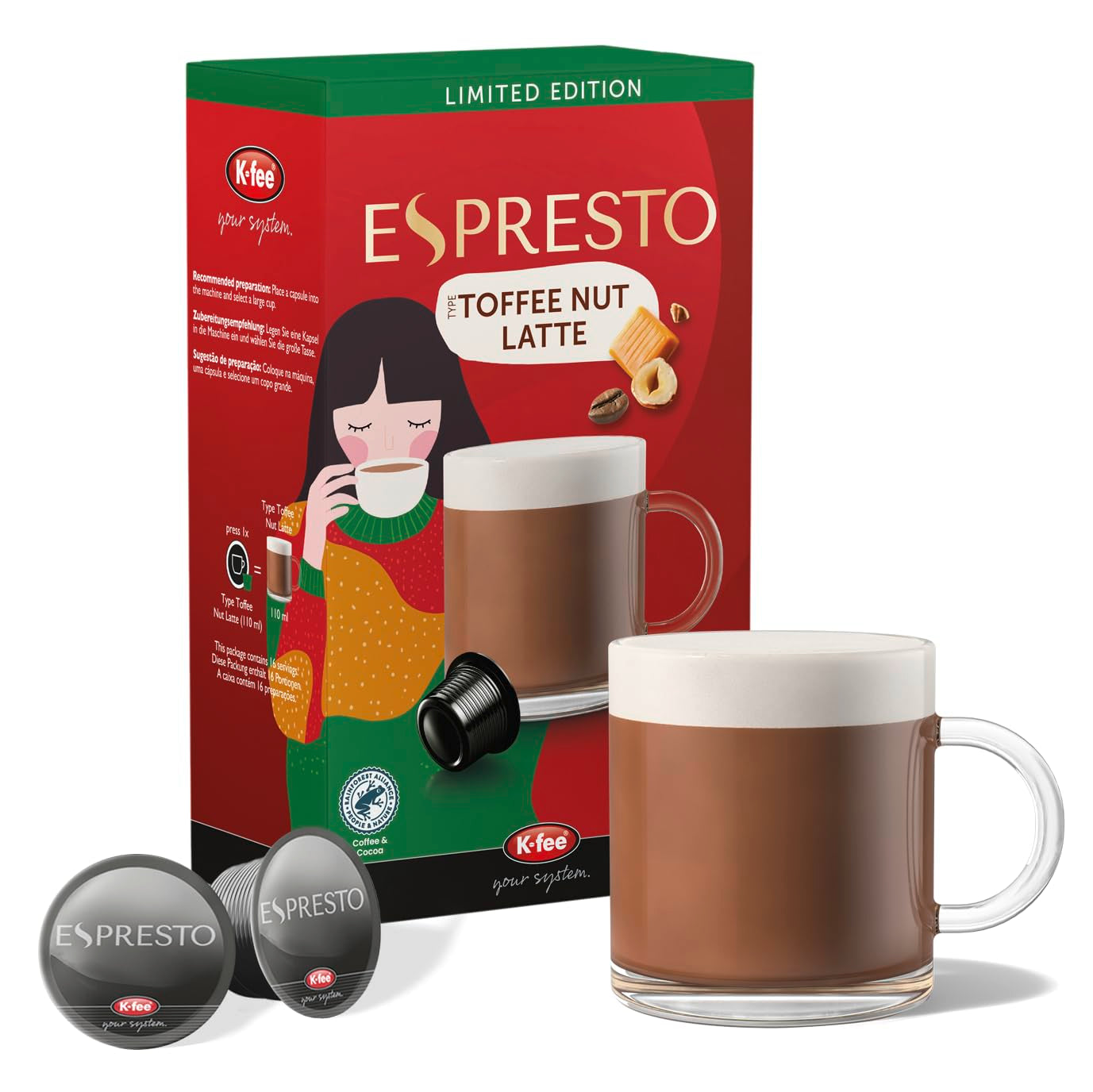 ESPRESTO Toffee Nut Latte, kompatibel mit K-fee & ALDI EXPRESSI*, aromatisierter Milchkaffee, RFA zertifiziert, 96 Kapseln