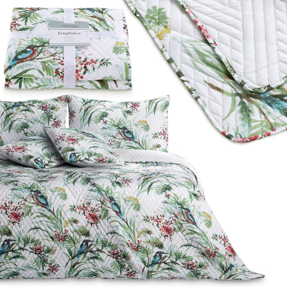 Ameliahome Sengetæppe Sengetæppe 260X280 Cm Dobbeltsidet Nem pleje Quilting Plant Mønster Fuglemønster Multicolor Kingfisher Senge og tæpper Besuche den AmeliaHome-Store