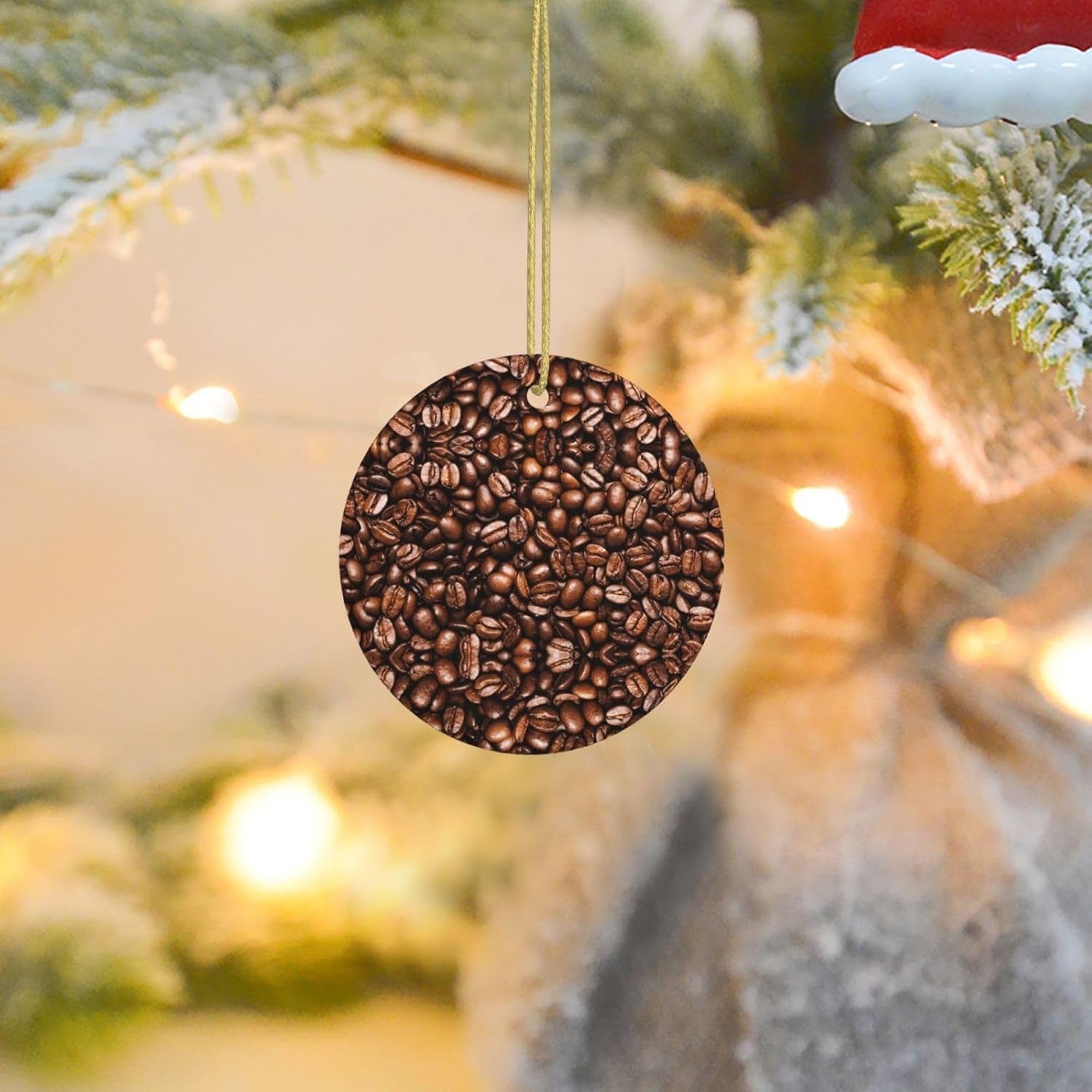 Boabe de cafea prăjite amuzante, față-verso, imprimate, ceramice, rotunde, cu șnur auriu pentru agățat, decor festiv pentru casă, birou