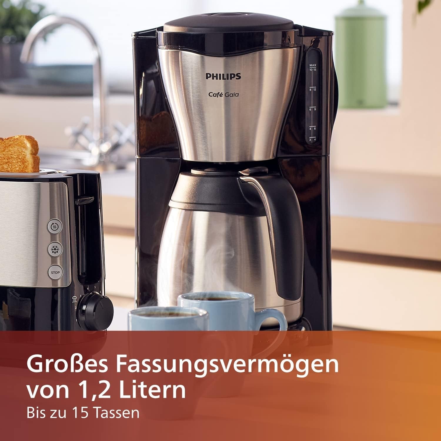 Espressor cu filtru PHILIPS Café Gaia – Carafă termos din oțel inoxidabil, sistem anti-picurare, aromă intensă, oprire automată, 1300 ml, negru (HD7546/20)