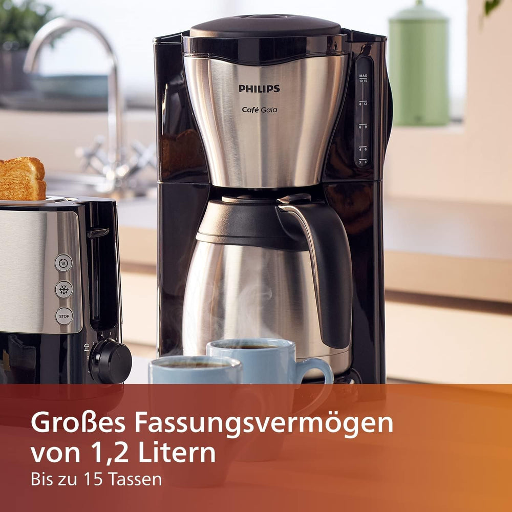 Espressor cu filtru PHILIPS Café Gaia – Carafă termos din oțel inoxidabil, sistem anti-picurare, aromă intensă, oprire automată, 1300 ml, negru (HD7546/20)