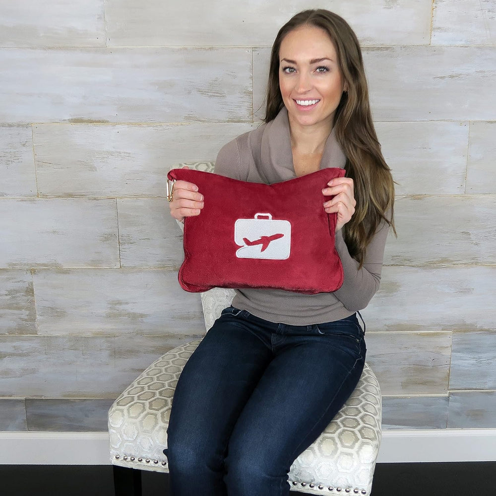 Eversnug Travel Blanket And Pillow - Soft 2 în 1 Airplane Blanket cu Soft Pocket Pillow Cover, Handbag Cover And Backpack Holder (Burgundy Red) Perne calatorie Naty Shop