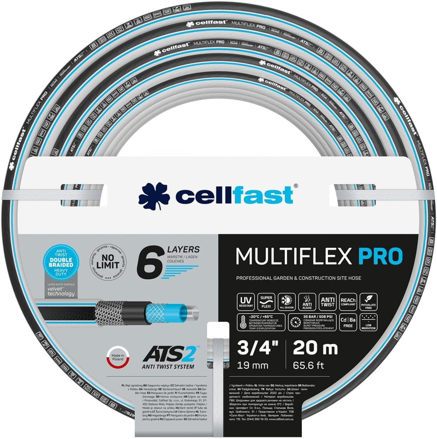 Furtun de grădină Cellfast MULTIFLEX PRO, durabil, cu 6 straturi, împletitură tricotată ATS2, rezistent la UV și alge, fără metale grele, tehnologie de catifea, 35 bar, -20/+65°C, 3/4", 30m