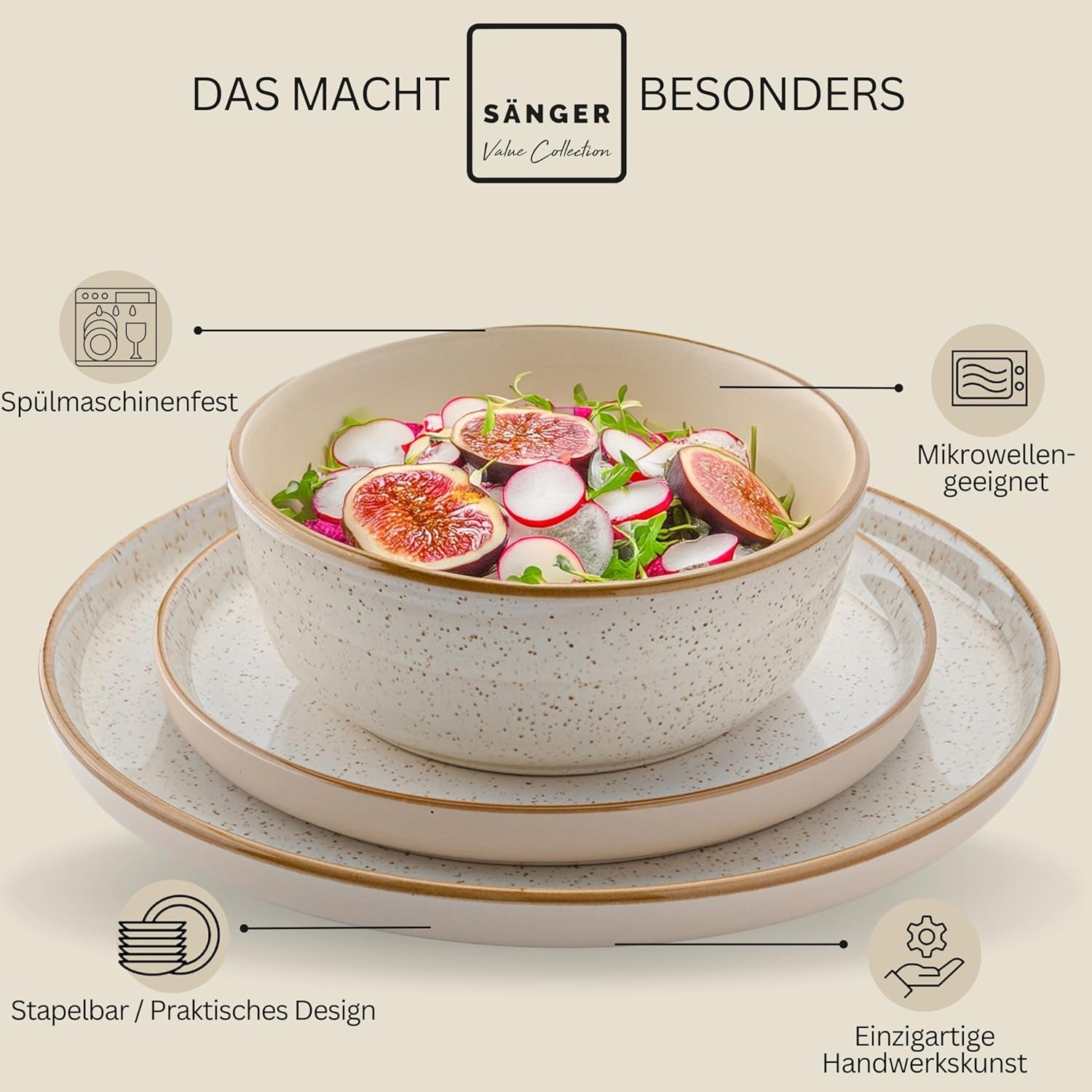 SÄNGER Rio Creme | Set de veselă din gresie pentru 6 persoane, format din 18 piese, inclusiv 6 farfurii de cină, 6 farfurii de desert și 6 boluri | COLECȚIA VALUE