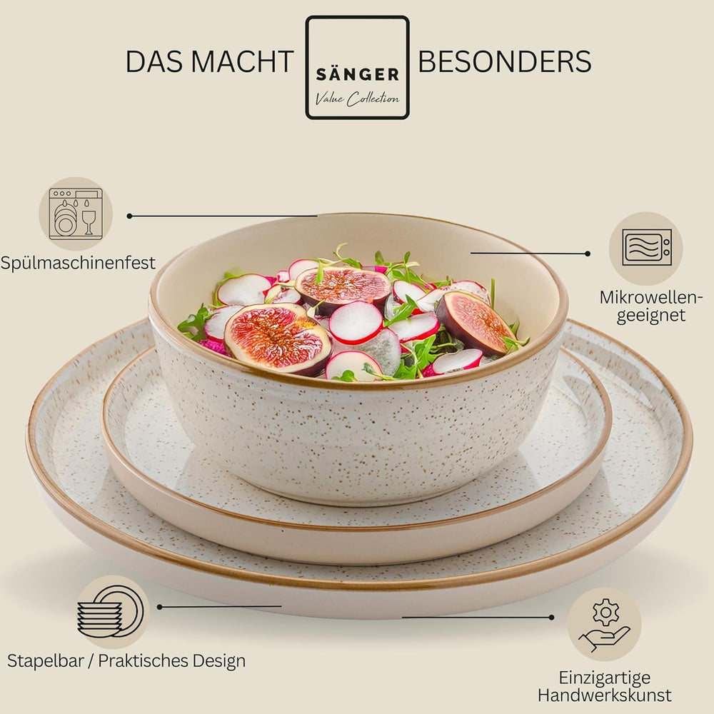 SÄNGER Rio Creme | Set de veselă din gresie pentru 6 persoane, format din 18 piese, inclusiv 6 farfurii de cină, 6 farfurii de desert și 6 boluri | COLECȚIA VALUE