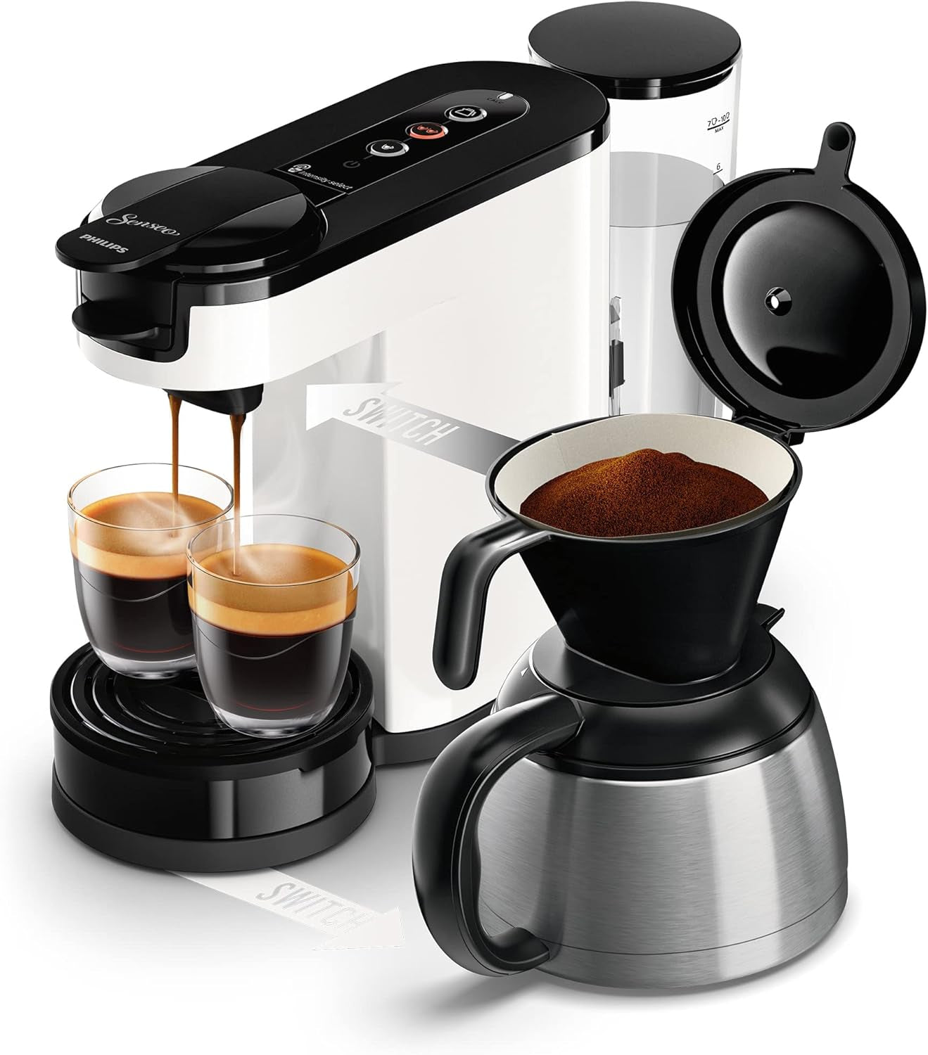 Espressor cu filtru și pad PHILIPS Senseo Switch, tehnologie de preparare 2 în 1, rezervor de apă de 1 litru, 7 căni într-o singură preparare, negru piano (HD6592/64)