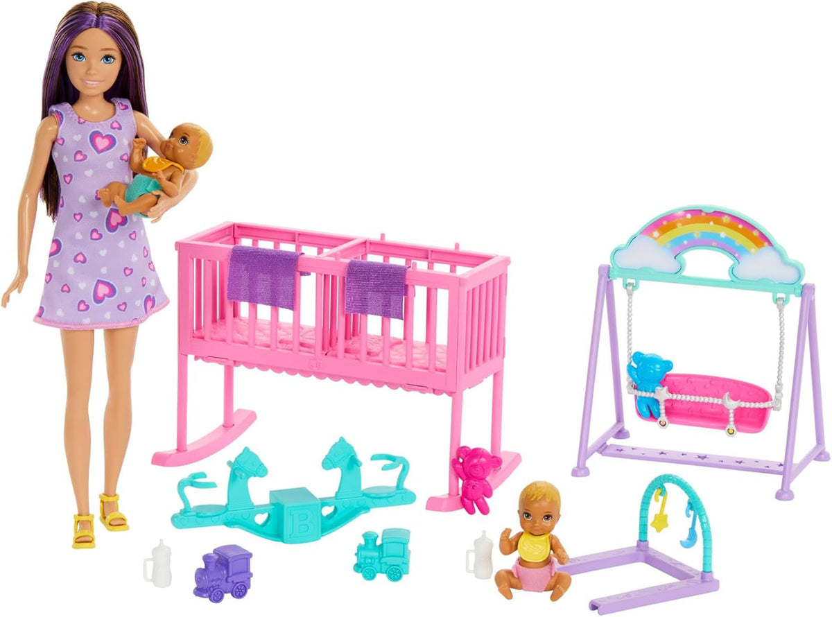 Barbie Skipper Dukke og børnehave med tilbehør, Inkluderer tvillingedukker, 1 tremmeseng, 1 tremmeseng, 1 vippe og mere, HXM99 Naty Shop Dolls Standardtitel