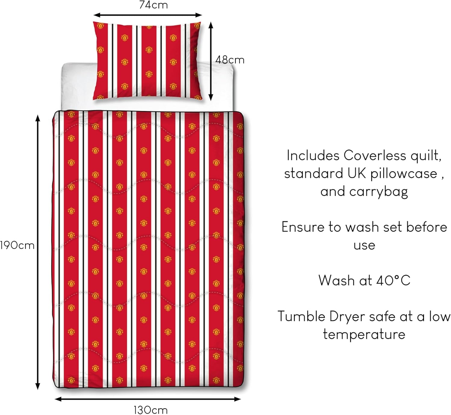 Manchester United FC officiel enkeltdyne, vendbar, rød og hvid, betrækløs, fodbolddyne, pudebetræk, vaskbar, perfekt til rejser, overnatninger, 10,5 Tog dyner og dyner Naty Shop