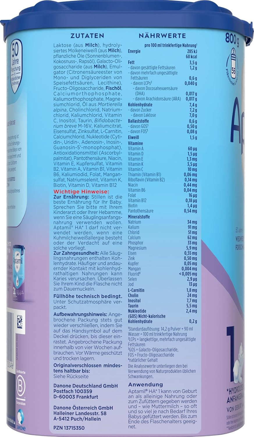 Aptamil HA 1 - Modermælkserstatning fra fødslen, med DHA, laktosefri, palmeoliefri, babymad, mælkepulver, 1 x 800 g