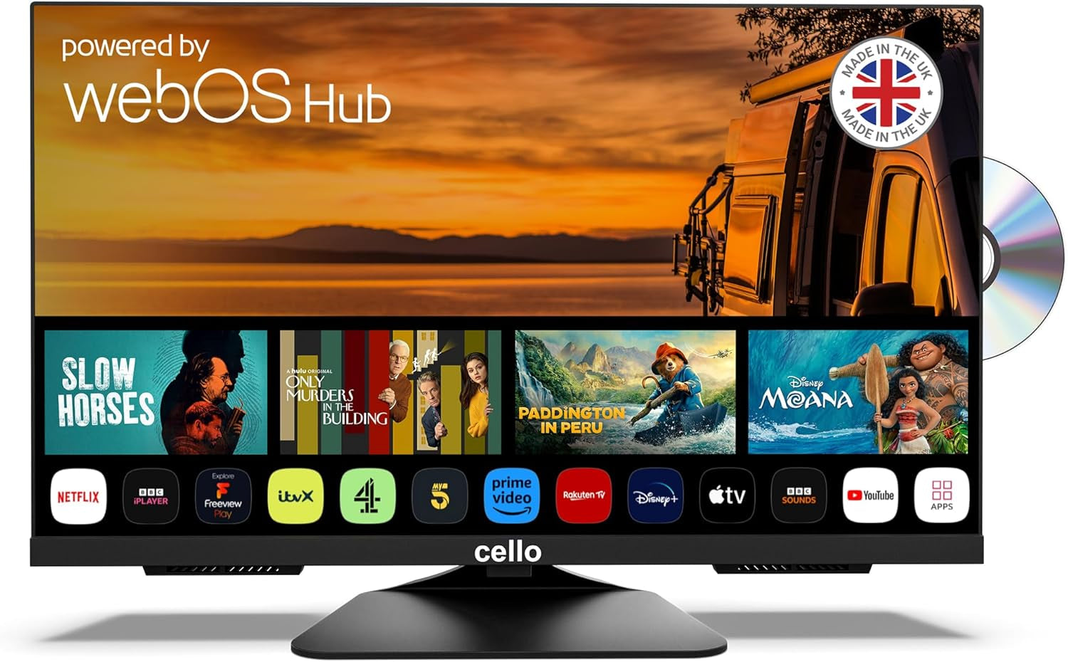 Cello C2425WSF Trav 24" 230V 12V Full HD SMART/DVD TV pentru camping, player DVD integrat, tuner triplu fără ramă, Bluetooth WebOS de la LG, difuzor Pitch Perfect pentru autorulote și camion [2025]