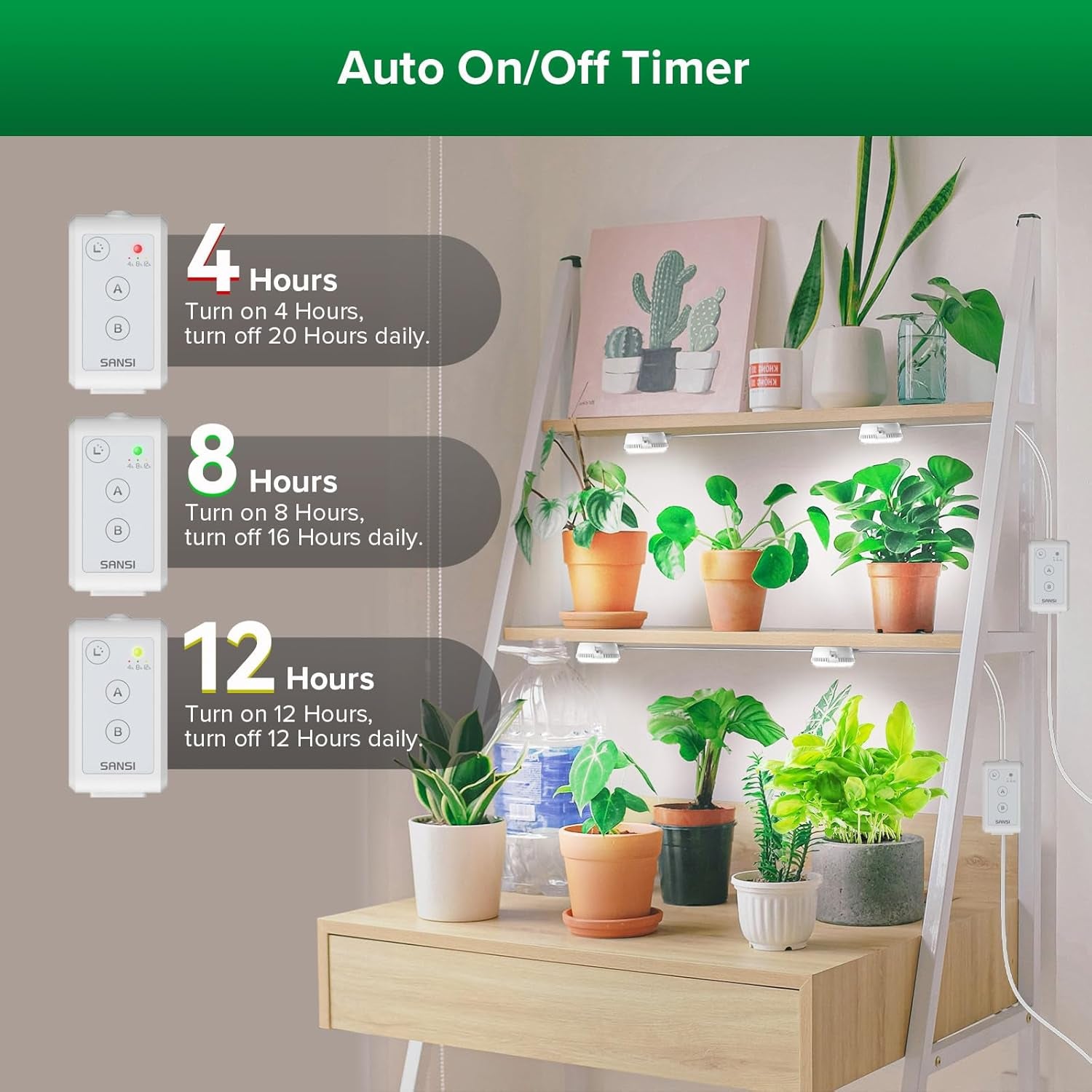 SANSI LED indendørs plantevækstlys 2 hoveder fuldt spektrum 10W (ækvivalent 150W) 4/8/12 timers timer indendørs plante væksthus hydroponisk hængelys