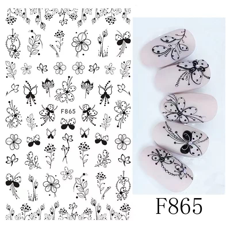 JMEOWIO Nagelsticker Blumen 10 Blatt Nagelaufkleber Selbstklebend Black White Blossom Nail Art Sticker Dekoration Nageldesign Zubehör