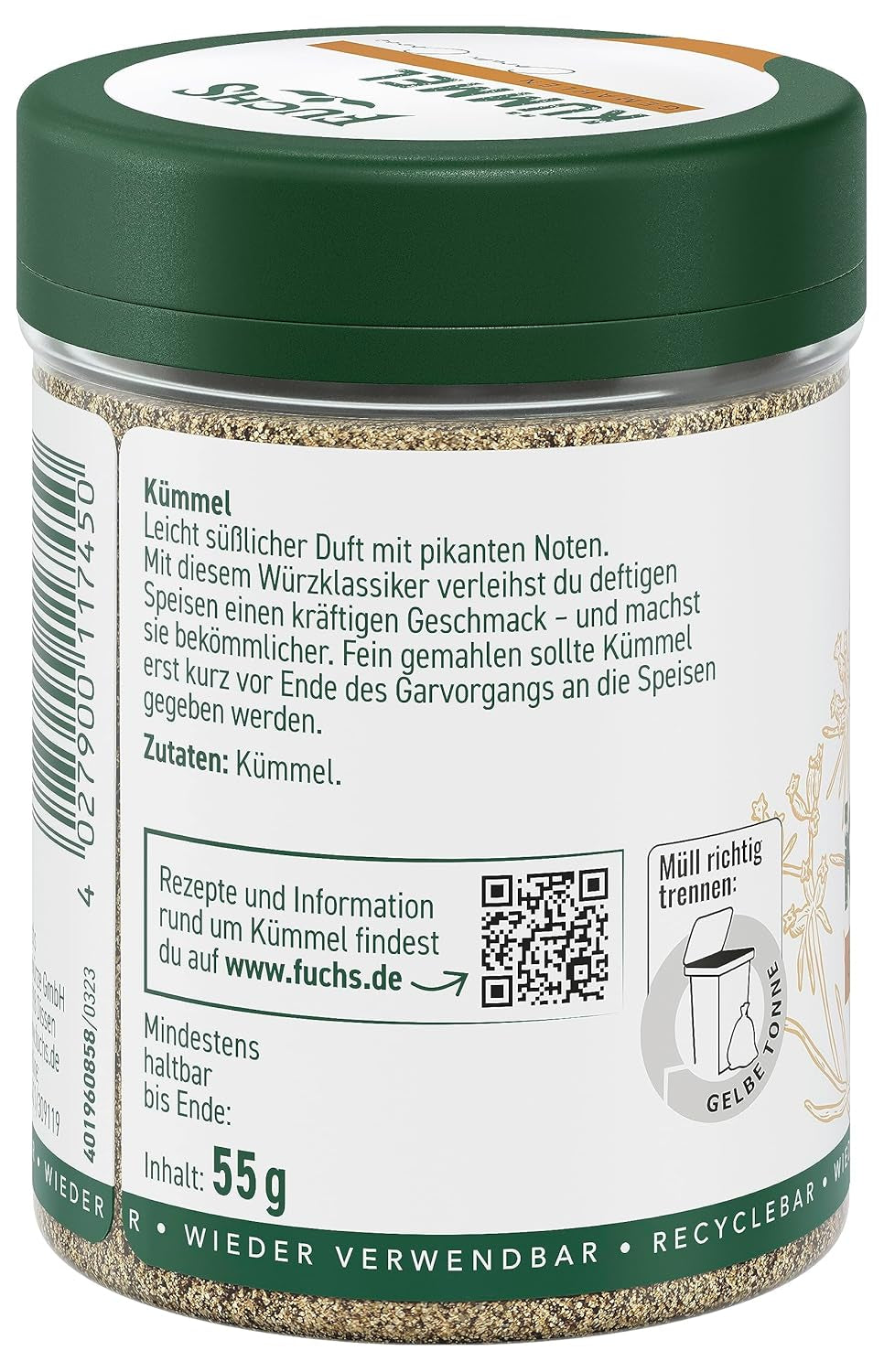 Fuchs Gewürze - Kümmel gemahlen - klassisches Gewürze für daftige Gerichte wie Chili con Carne - naturlige ingredienser - 55 g i wiederverwendbarer, genbrugsbarer Dosis