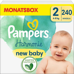 Pampers babybleer, størrelse 2 (4-8 kg), Harmony, Half Moon Box, skånsom hudbeskyttelse og urteingredienser, 240 Count