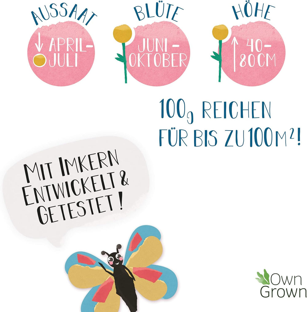 Butterfly Meeting Flower Mix: 100 g Premium sommerfugleblomsterfrø - insektvenlige bifrø, flerårige og årlige blomsterfrø til enge - vilde blomsterfrø fra OwnGrown