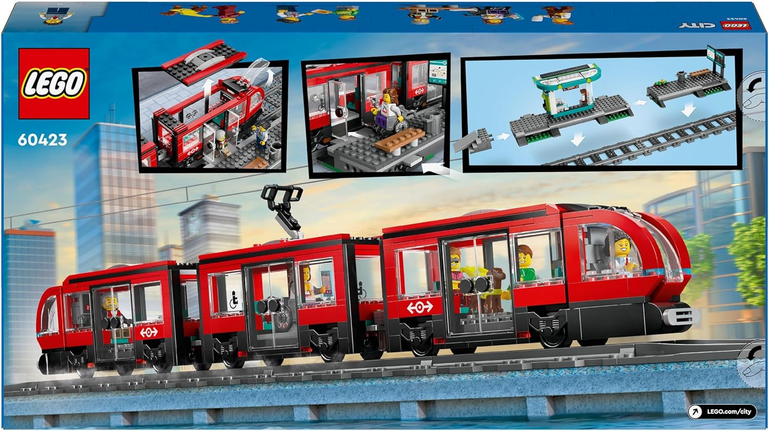 LEGO City sporvogn med station, gaveide til billegetøjsfans fra 7 år, med 6 minifigurer og en førerhund til rolleleg, byggelegetøj 60423 Byggesæt Besuche den LEGO-Store