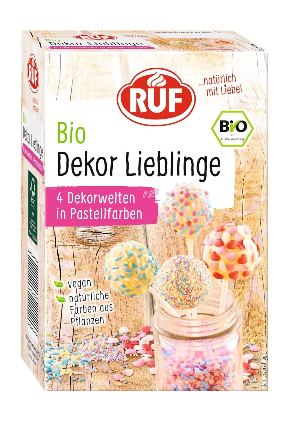 RUF Økologisk Dekor Lieblinge, 4 varianter af farverig bagepynt med drys, sukkerperler og sukkerhjerter, ingen kunstige farver, vegansk, 140 gram Naty Shop