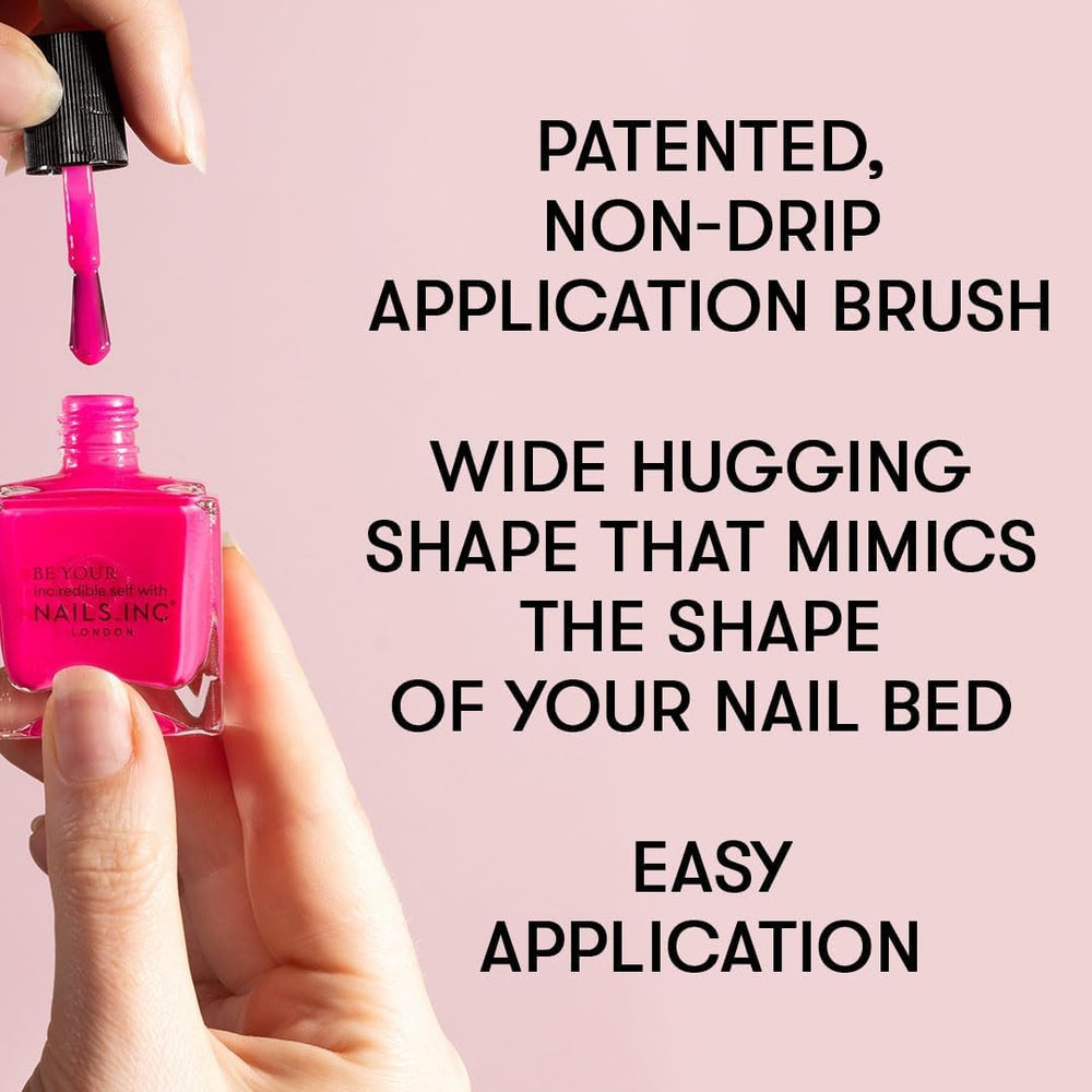 Nails Inc Bedre på toppen, få glaseret, blank, skinnende, neglepels, ingen spaltning, langtidsholdbar, hurtigtørrende, lufttørre, professionel manicure og pedicure, finger- og tånegle, vegansk neglelak, 14ml