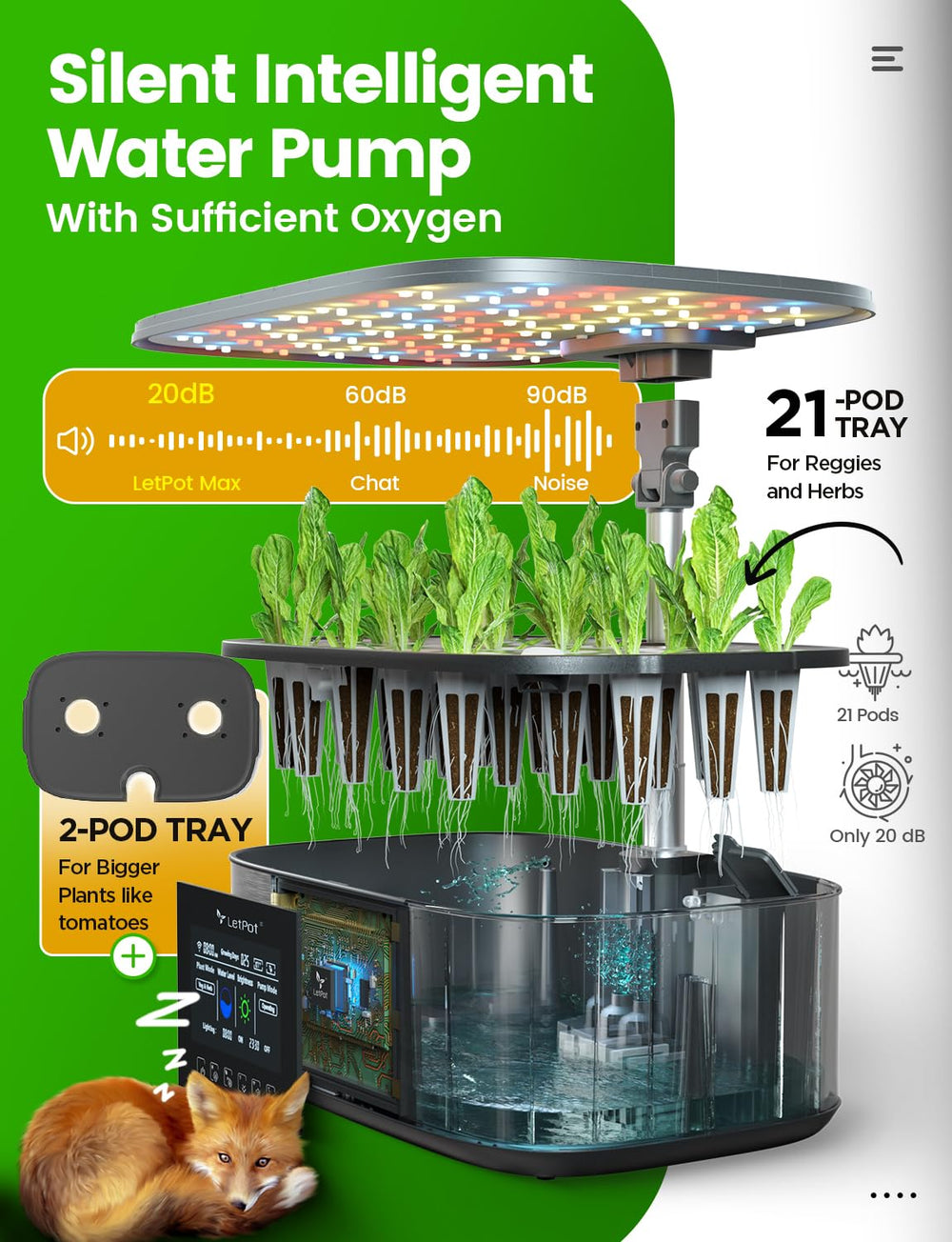 LPH-Max Hydroponic Grow System Kit, 21 kapsler, app og WiFi, automatisk styret, smart indendørs have med 36W LED-lys, automatisk drypvandingskit, selvstyret pleje