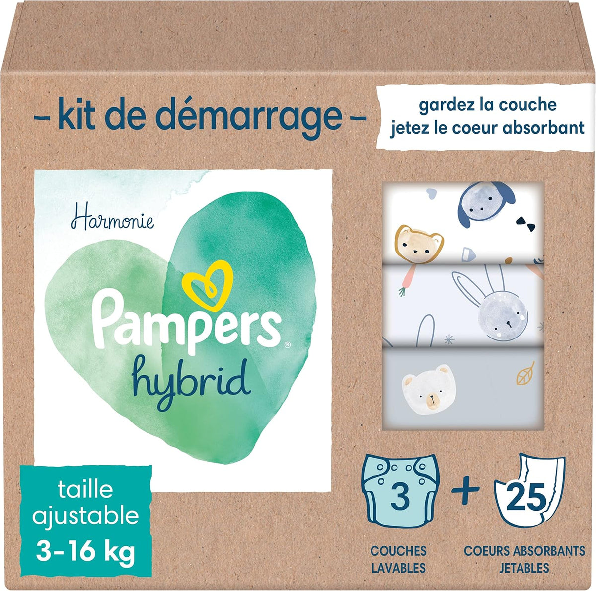 Pampers - Harmony Hybrid startpakke, 3 vaskbare bleer + 25 engangs øverste lag - 1 pakke