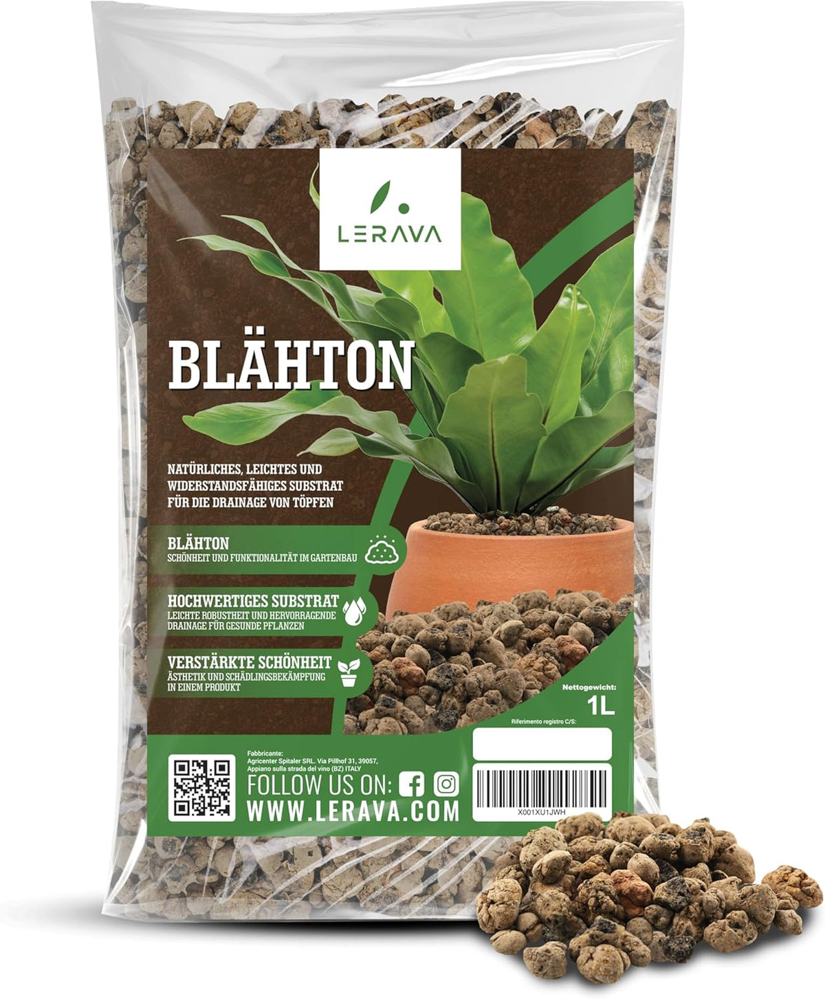 LERAVA® Expanded Clay (1L) – Lergranulat til stueplanter og hydroponics – Vegetabilsk ler med neutral pH for optimal dræning – Ideel som dræningslag eller dekorative lergranulat til planter