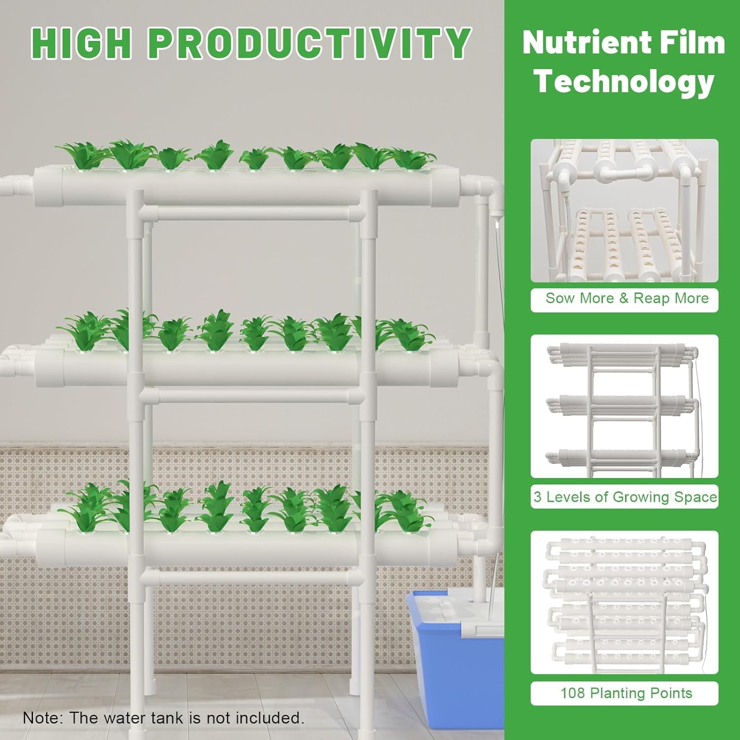 3-trins Hydroponic Grow System Kit 108 dyrkningssteder Hydroponic System til grøntsager Grow Kit Soilless Grow System Hydroponic Kits til bladgrøntsager.
