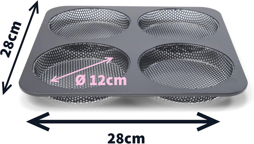 Hamburgerbrötchen, Perforiert, Antihaftbeschichte, 4 Runde Mulden Mit Je 12 Cm, Pfannengröße 28 X 28 Cm, 2,5 Cm Tief, Mittelgroß, Schwarz Forme og plader til bagning Naty Shop