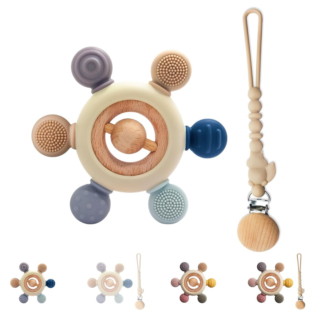 Inel de dentiție pentru bebeluși cu lanț pentru suzetă - ajutor pentru dentiție - jucărie pentru bebeluși 0-6 luni - articole esențiale pentru nou-născuți - jucărie de dentiție, fără BPA - idei de cadouri pentru sugari