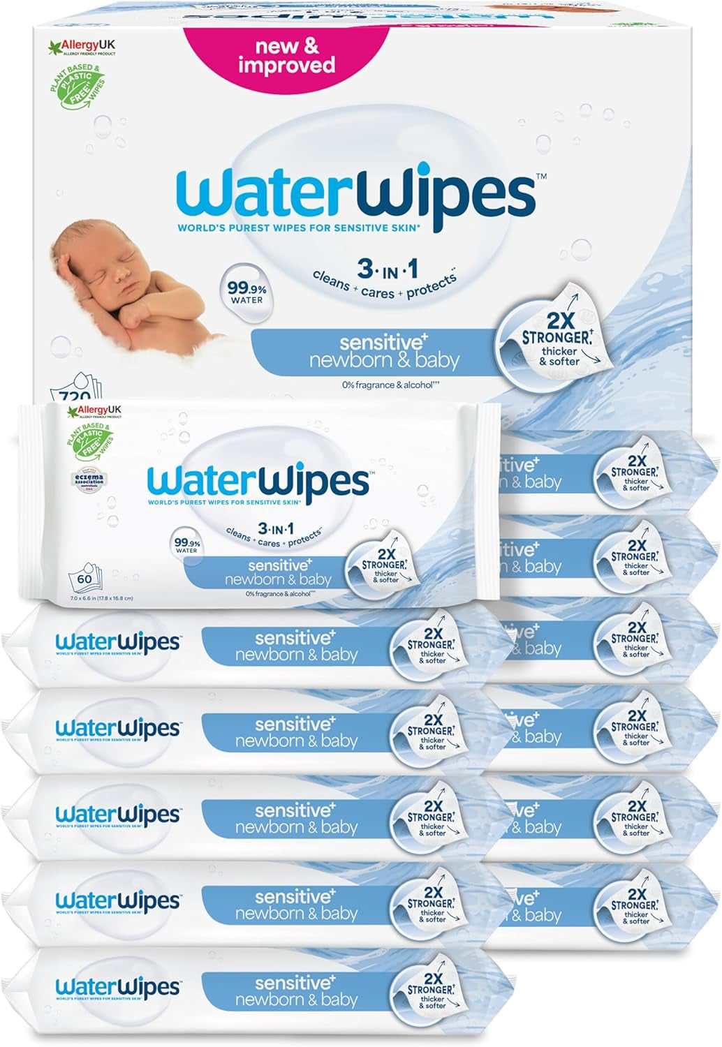 WaterWipes Sensitive+ vådservietter til nyfødte og babyer 240 Count (4 Pack) 3-i-1 rengøring, pleje, beskyttelse, 99,9 % vand, parfumefri