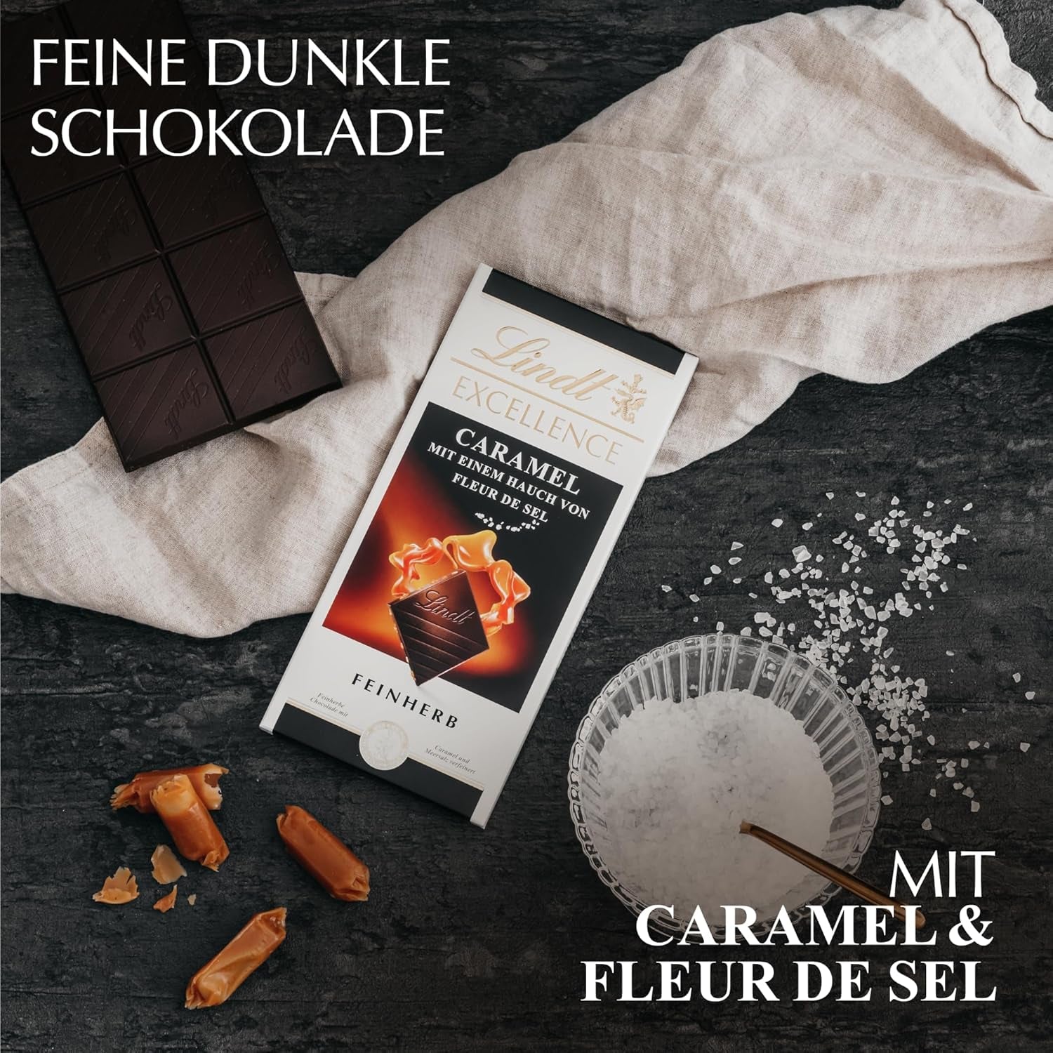 Lindt EXCELLENCE Karamel og havsalt - mørk chokolade | Bar 100g | Med karamel og havsalt (Fleur de Sel) | Intens kakaosmag | Mørk Chokolade