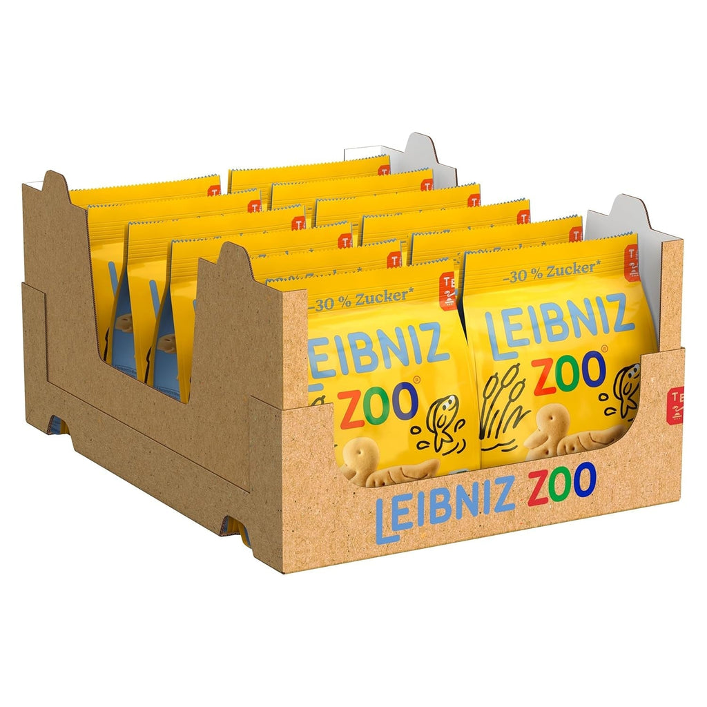 LEIBNIZ ZOO -30% Zahăr, Pachet de 12, Fursecuri cu unt cu motive animale, Fursecuri crocante cu mai puțin zahăr, Pachet vrac pentru stoc sau pentru vânzare (12 x 125 g)