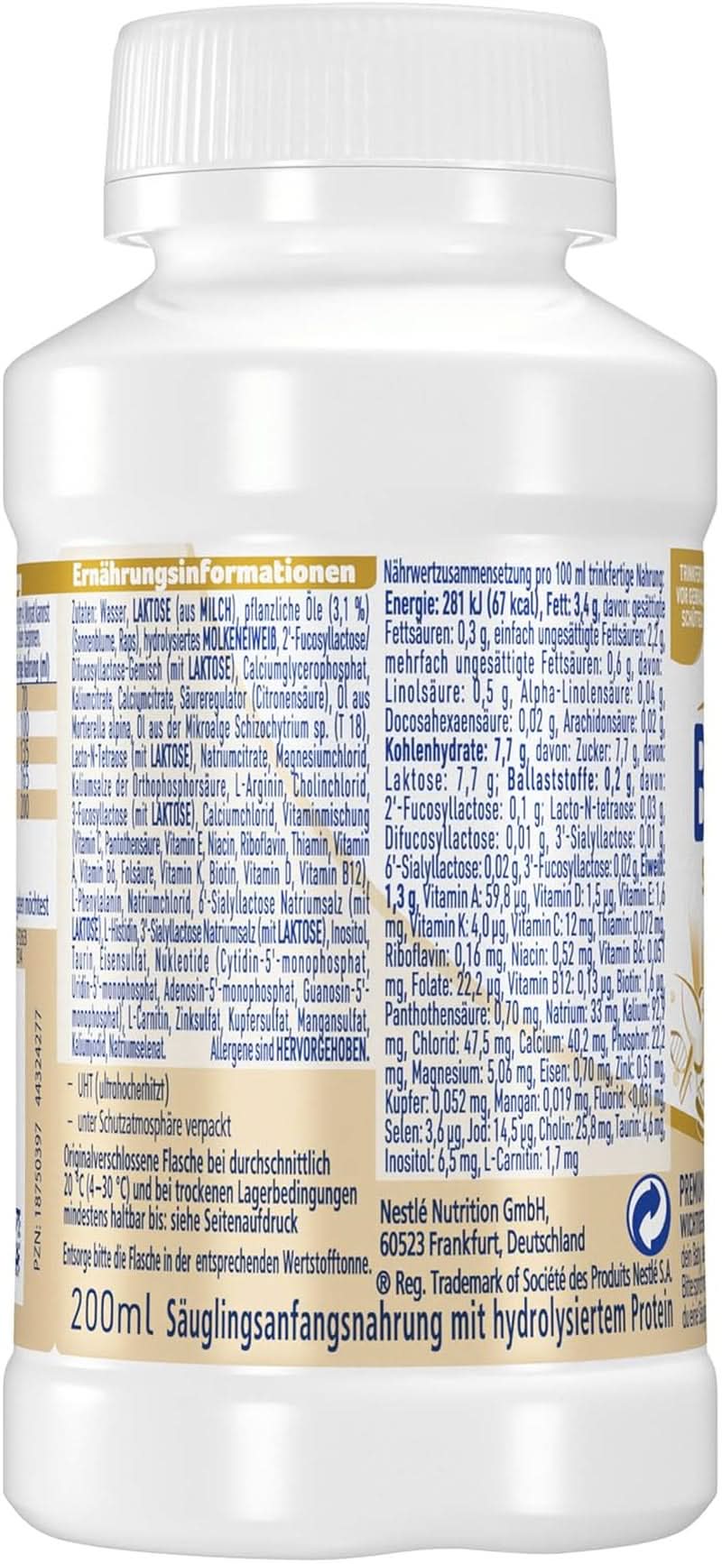 BEBA SUPREME PRE Initial mælk klar til at drikke fra fødslen, babymad med DHA, kun laktose, palmeoliefri, pakke med 8 (8 x 200 ml) Mor og barn Naty Shop