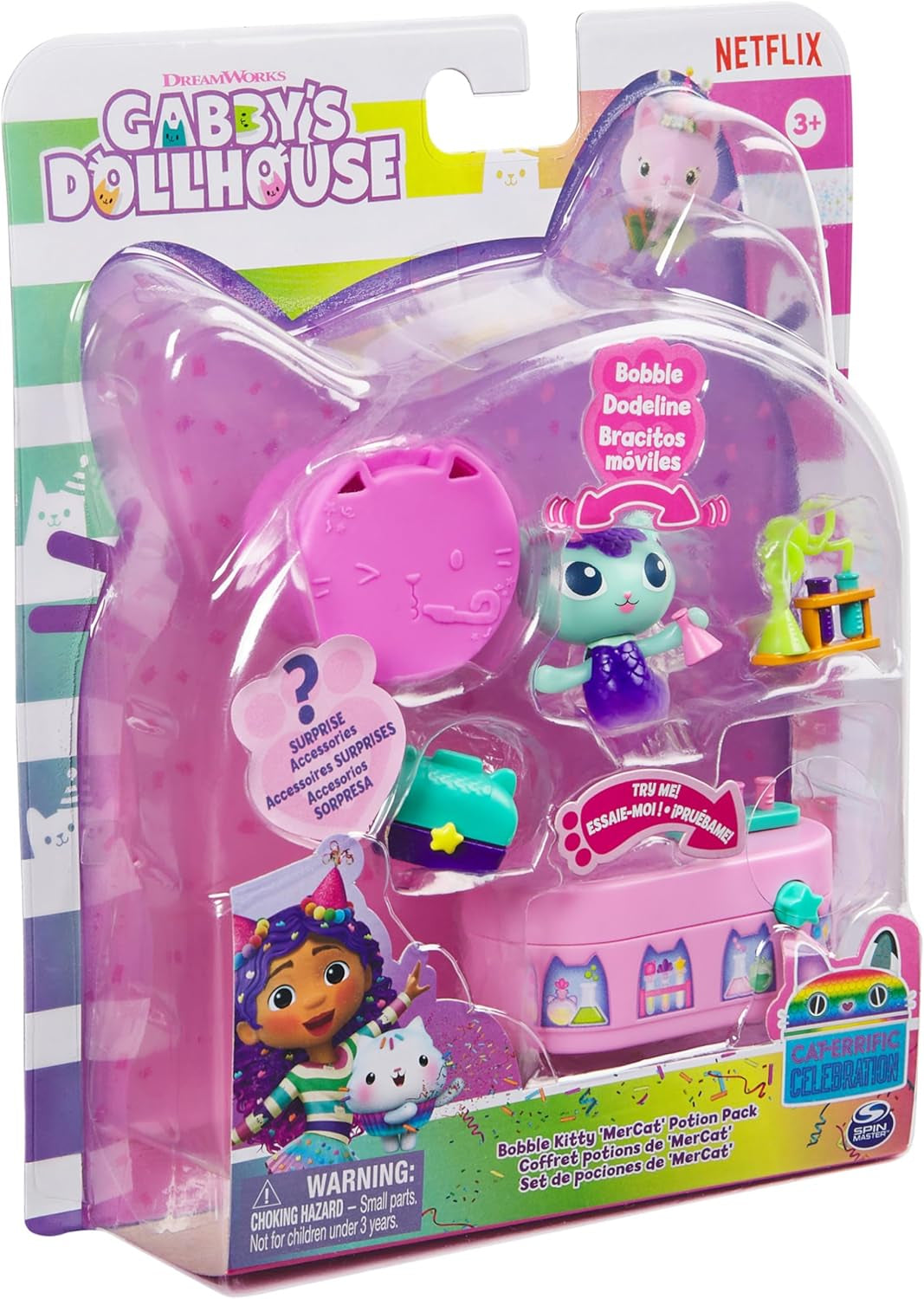 DREAMWORKS CASA DE PĂPUSI GABBY - Pachet de mobilier Bobble Kitty de Meerkätzchen, Figurină Pisică cu mobilier și accesorii pentru casă de păpuși, Vârste 3+