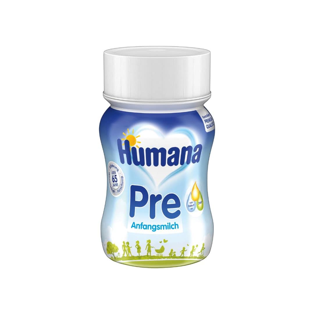 Humana Initial Milk Drikkeklar, fra fødslen, Drikkeklar mælk til spædbørn, Ud over modermælk eller som eneste formad, Babymad kun med DHA og laktose, 24 x 90 ml Naty Shop Standardtitel
