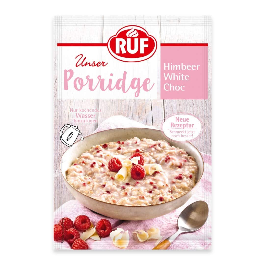 RUF Grød Raspberry White Choc, Instant grød med hindbærstykker og revet hvid chokolade, 65 gram Cereale Naty Shop