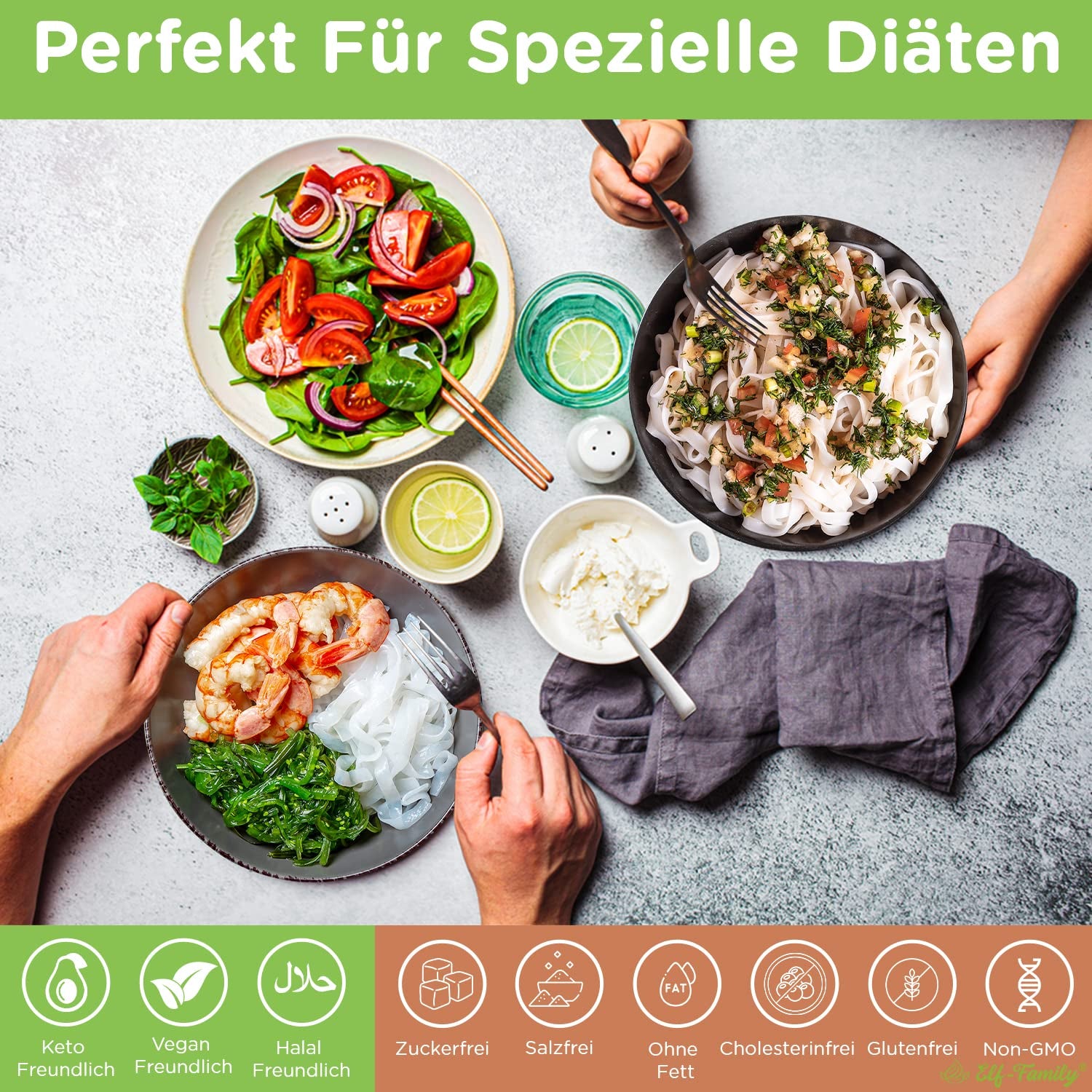 Elf-Family 6 æsker (12 stk) Økologiske konjac ultralav kulhydrat Shirataki nudler Veganske glutenfri - 1,62 kg, ingen kulhydrat/keto/lavt kalorieindhold/fedtfri/sukkerfri instant nudler - spaghetti og fettuccine