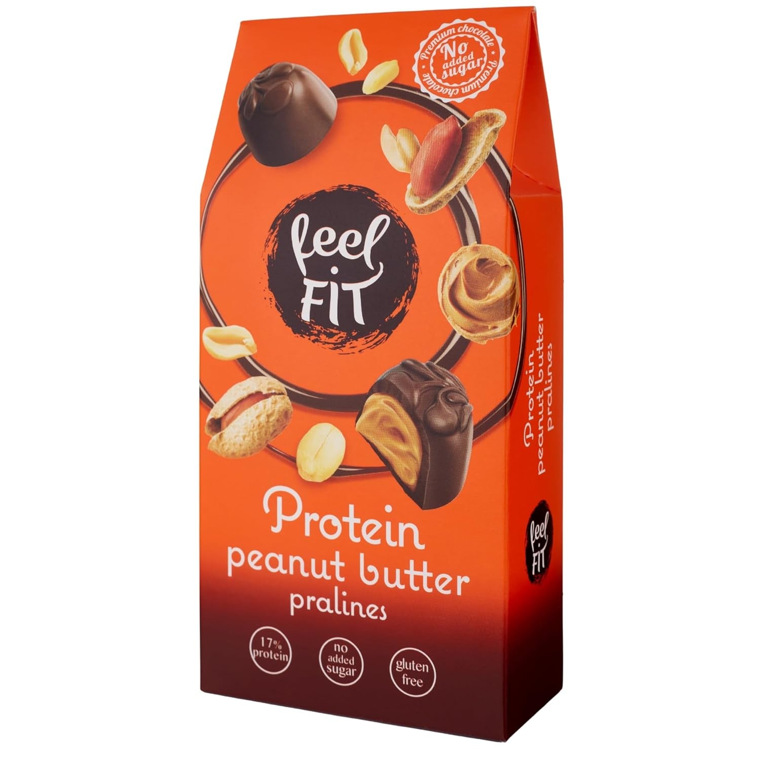 Feel FIT Jordnøddesmørproteinpraliner i højkvalitets mælkechokolade, uden tilsat sukker, 17 % protein, glutenfri 66 g (1 pakke)