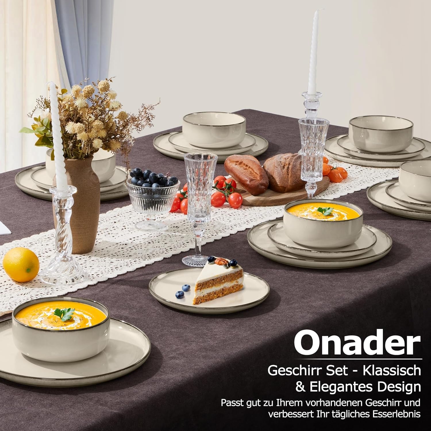 Set de veselă pentru 6 persoane, serviciu de cină din gresie cu 18 piese, set combinat, 6 farfurii de cină, 6 farfurii de desert, 6 boluri pentru cereale, antizgârieturi și potrivit pentru cuptorul cu microunde - Karst Khaki