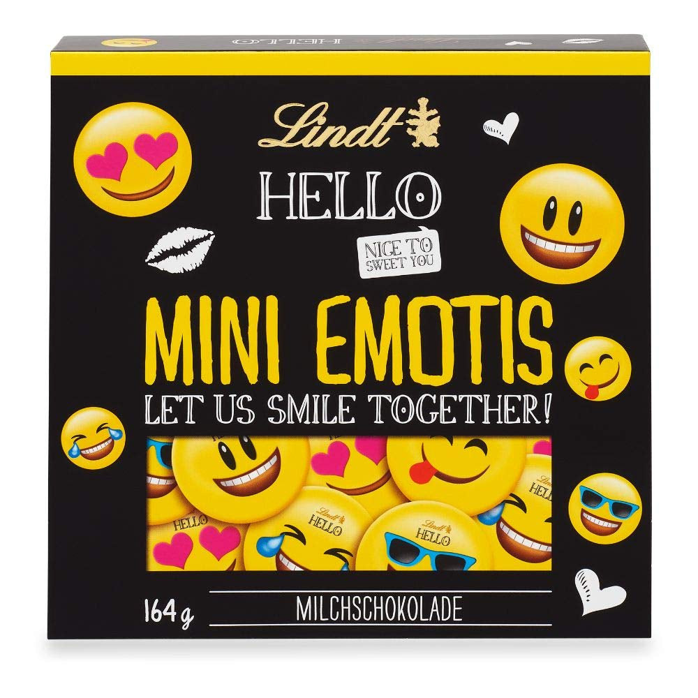 Chokoladesortiment (37 LINDOR-kugler, 24 Hello Mini-pinde, 10 Mini Fioretto), chokoladegave (1 x 815 g) og HELLO Mini Emoti, mælkechokolade i 5 humørikon-designs, 164 g