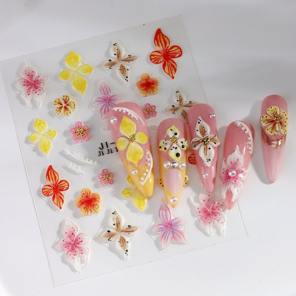 JMEOWIO 3D Nagelsticker Colorful Flower Nail Art Sticker Selbstklebend Nagelaufkleber 5D Stereoskopisch Spring Summer Floral Dekoration Nageldesign Zubehör 4 Blatt