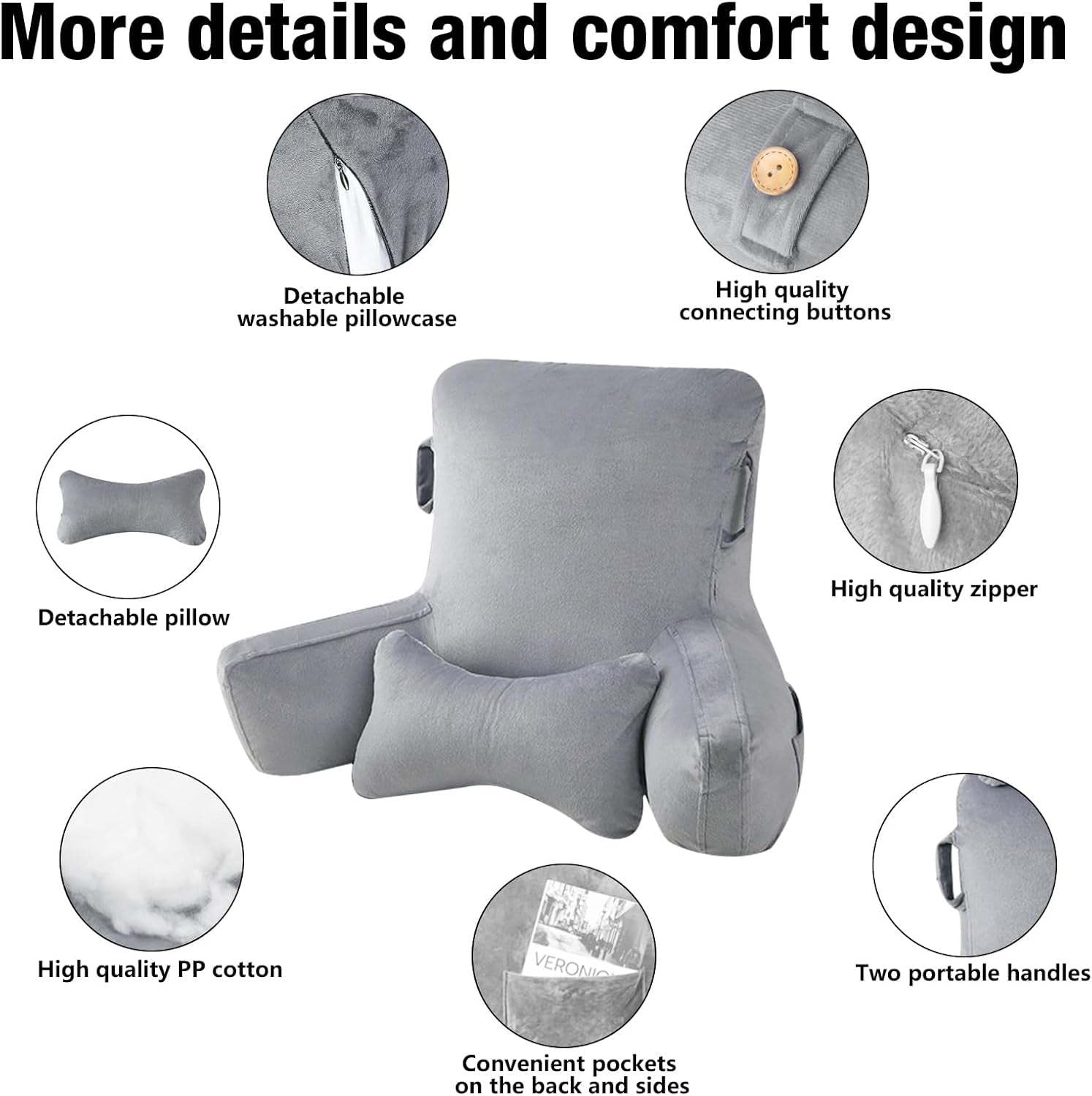 Pernă de citit pentru adulți în pat, 90x80cm (LxÎ) Spătar extra mare pentru citit cu suport detașabil pentru gât și braț de susținere, pernă de citit confortabilă pentru pat, canapea sau spătar pe podea