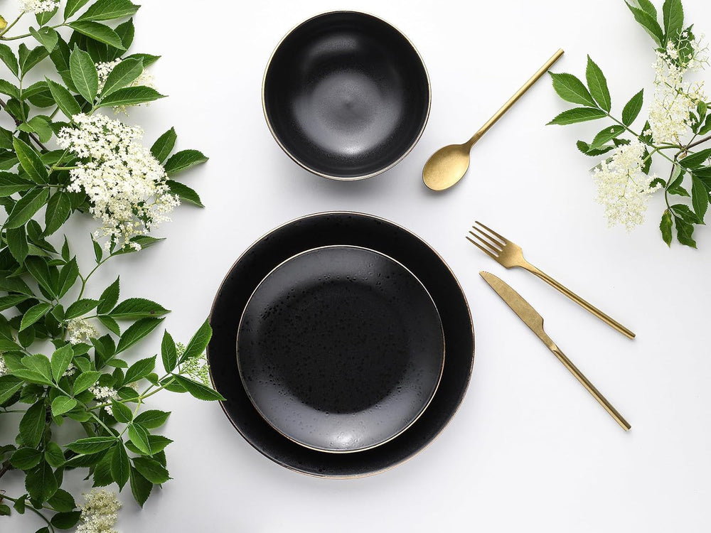 Creatable, 22707, Serie Industrial Gold BLACK, 12-Teiliges Geschirrset, Teller Set Aus Steinzeug, Spülmaschinen- Und Mikrowellengeeignet, Qualitätsproduktion Seturi vesela masa Naty Shop