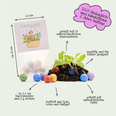 Bunte Blumenmurmeln "Frühlingsgruß" L 10 X5 Kleine Saatkugeln in Einem Tütchen Mit Blumenkorb-Motiv L Geschenk Zu Ostern, Im Frühling, Als Gastgeschenk Oder Als Dankeschön Für Erzieher, Lehrer
