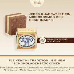 Venchi - Cremini 1878 - Tre-lags chokolade med gianduja med mælk og mandelmasse, "Piemontese Hasselnuts BGB", 1 kg, glutenfri, uden farvestoffer og uden konserveringsmidler