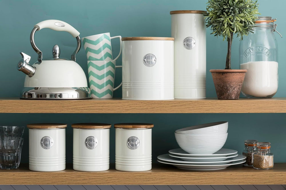 LIVING collection, bol de zahăr cu capac | cremă pastel | cutie de depozitare 1 L bucătărie pentru zahăr | recipient din oțel pentru zahăr cu capac | borcane de depozitare etanșe din bambus cu capac Cutii depozitare alimente Naty Shop